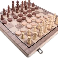 Shagam 2-in-1 Bordspel - 39 Cm - Magnetisch - Schaakbord - Dambord - Backgammon - Schaakspel - Schaakset - Schaken - Dammen - Met Schaakstukken - Chess - Hout - Opklapbaar -Kinderspellen Verkoopwinkel 550x400 2