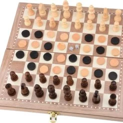 Shagam 3-in-1 Bordspel - 39 Cm - Schaakbord - Dambord - Backgammon - Schaakspel - Schaakset - Schaken - Dammen - Met Schaakstukken - Chess - Hout - Opklapbaar -Kinderspellen Verkoopwinkel 550x471 3