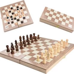Merkloos Schaakbord | Dambord | Backgammon | 49 X 49 Cm | Schaakspel | Schaakset | Schaken | Dammen | Met Schaakstukken | 3-in-1 Bordspel | Chess | Hout | Opklapbaar