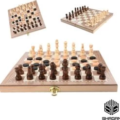Shagam 3-in-1 Bordspel - 29 Cm - Schaakbord - Dambord - Backgammon - Schaakspel - Schaakset - Schaken - Dammen - Met Schaakstukken - Chess - Hout - Opklapbaar