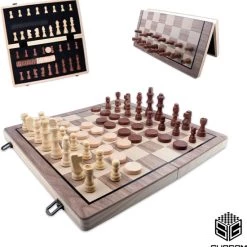 Shagam 2-in-1 Bordspel - 39 Cm - Magnetisch - Schaakbord - Dambord - Backgammon - Schaakspel - Schaakset - Schaken - Dammen - Met Schaakstukken - Chess - Hout - Opklapbaar