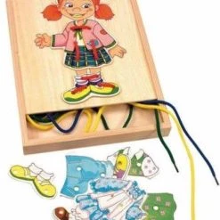 Aankleed Meisje - Hout - Kledingsetjes - Leerzaam - Educatief - Creatief - Fijne Motoriek - Woody - Dress Up Girl - Kinderen - Aankleden - Houten Pop - Rijgen - Veter - Puzzel - Wardrobe - Stringing Wardrobe - Cadeau